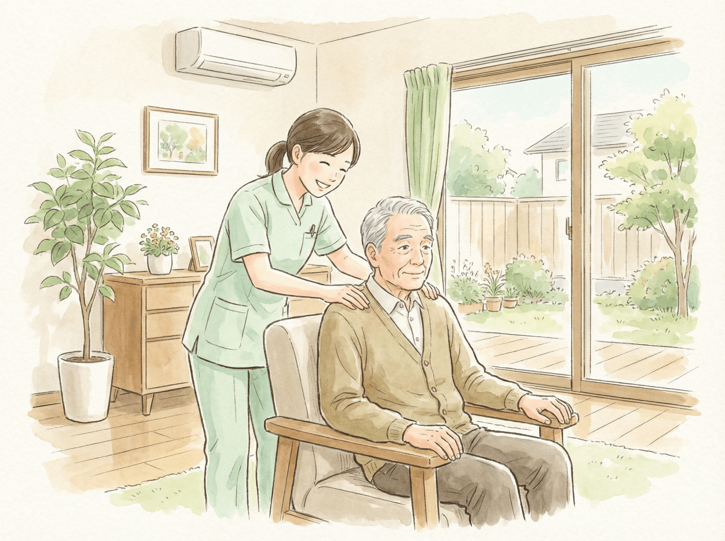 施設での施術の様子イラスト